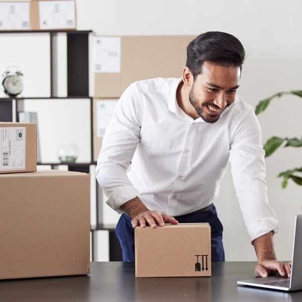 Laptop,,Box,And,Business,Asian,Man,For,Logistics,Startup,For